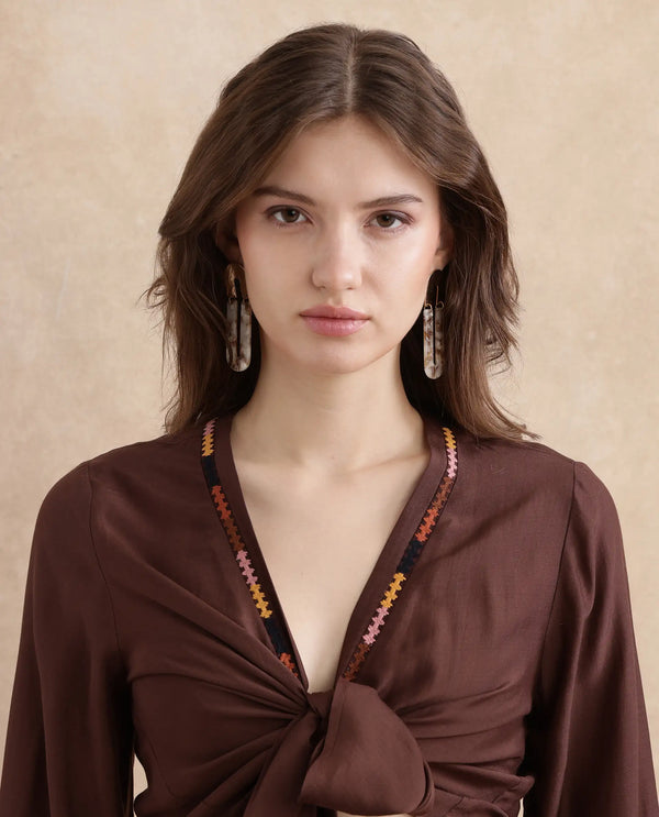 Rareism Women Ronoko Brown Viscose Blend Fabric Bishop Sleeves Open Collar Regular Fit Plain Shrug