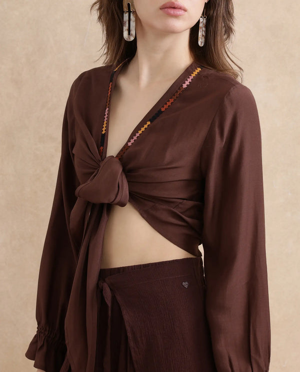 Rareism Women Ronoko Brown Viscose Blend Fabric Bishop Sleeves Open Collar Regular Fit Plain Shrug