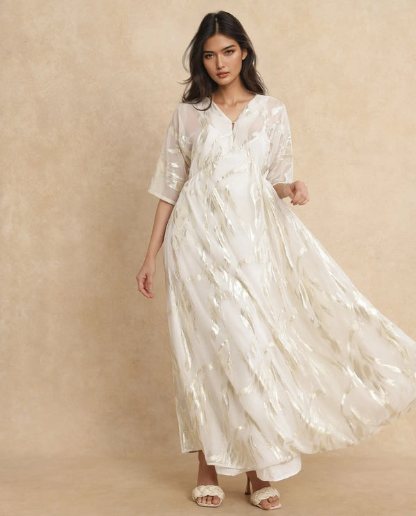 Rareism Women Ronoli Off White Polyester Fabric V-Neck Flared fit Maxi Textured Dress