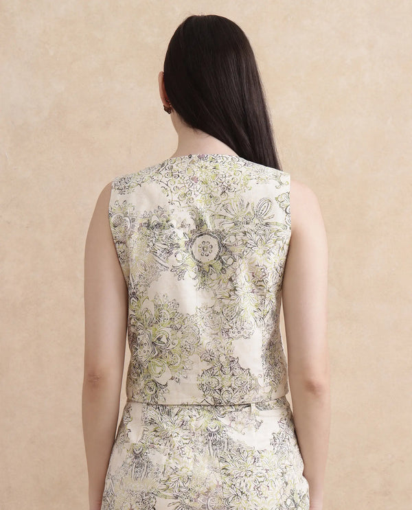 Rareism Women Ronoz-T Light Green 100% Cotton Fabric Sleeveless Regular Fit Cropped Abstract Print Waist Coat