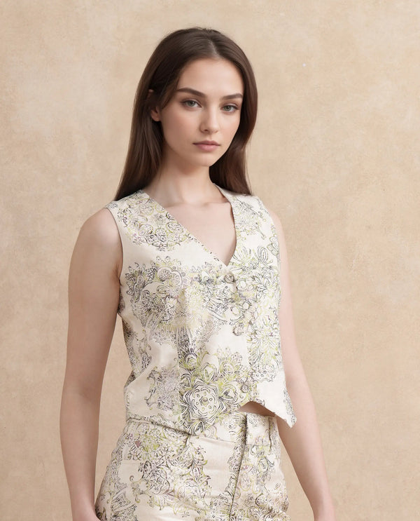 Rareism Women Ronoz-T Light Green 100% Cotton Fabric Sleeveless Regular Fit Cropped Abstract Print Waist Coat