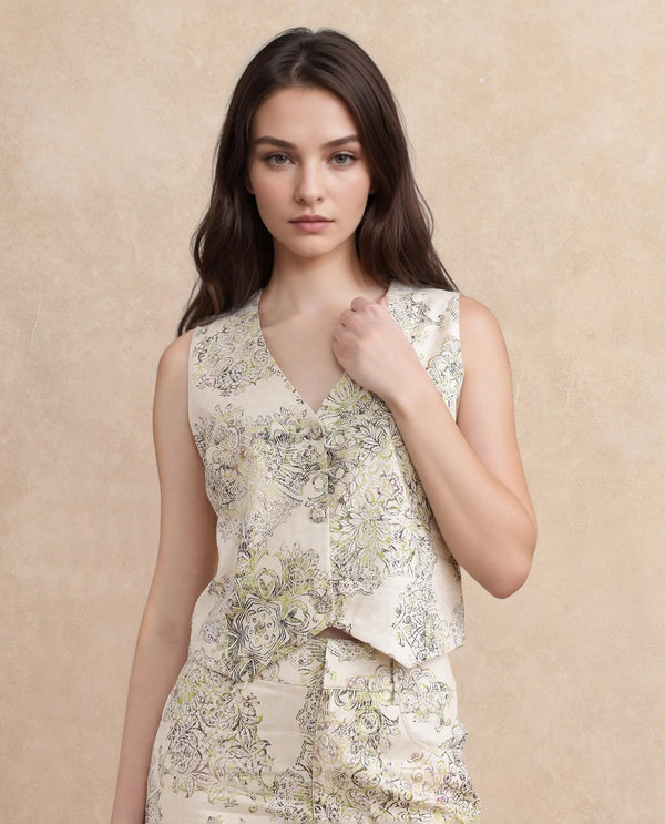 Rareism Women Ronoz-T Light Green 100% Cotton Fabric Sleeveless Regular Fit Cropped Abstract Print Waist Coat