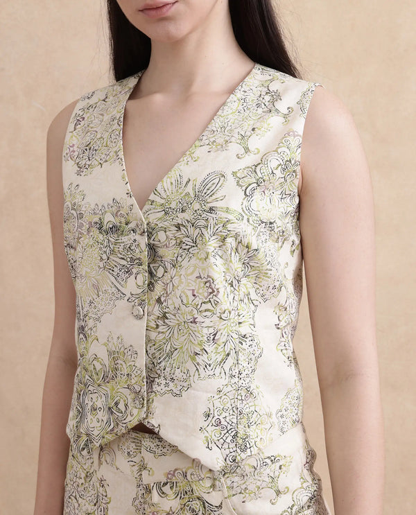 Rareism Women Ronoz-T Light Green 100% Cotton Fabric Sleeveless Regular Fit Cropped Abstract Print Waist Coat