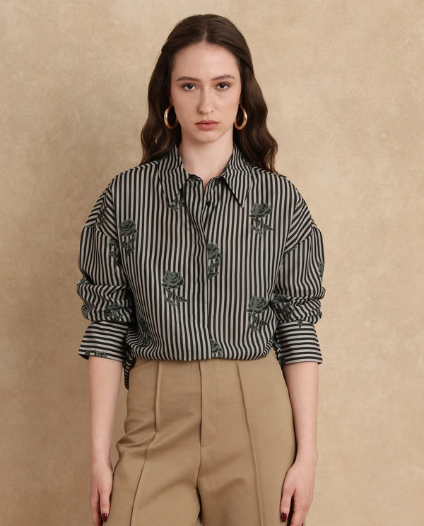 Rareism Women Ronrayzo Dark Green Polyster Blend Fabric Cuffed Sleeve Collared Neck Regular Fit Narrow Stripes Shirt