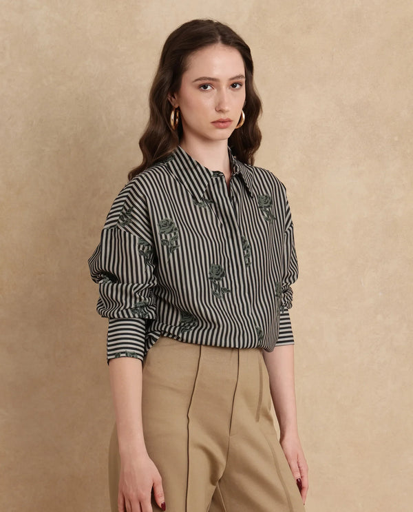 Rareism Women Ronrayzo Dark Green Polyster Blend Fabric Cuffed Sleeve Collared Neck Regular Fit Narrow Stripes Shirt