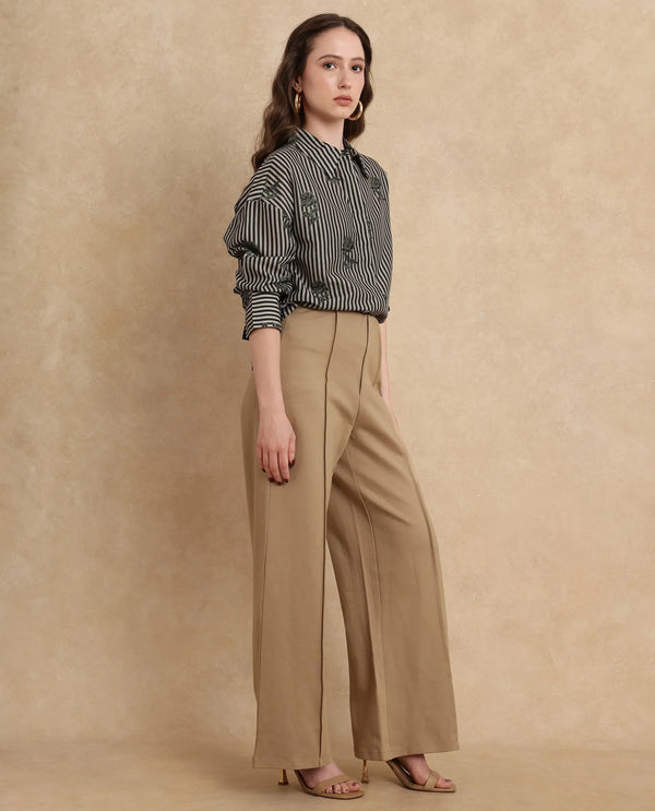 Rareism Women Ronrayzo Dark Green Polyster Blend Fabric Cuffed Sleeve Collared Neck Regular Fit Narrow Stripes Shirt
