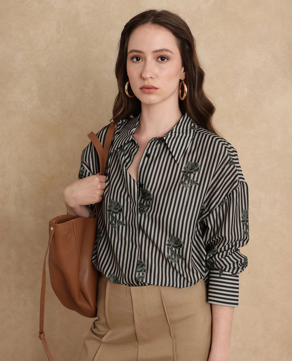 Rareism Women Ronrayzo Dark Green Polyster Blend Fabric Cuffed Sleeve Collared Neck Regular Fit Narrow Stripes Shirt