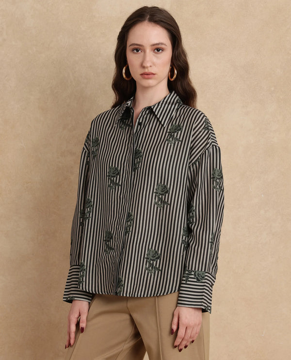 Rareism Women Ronrayzo Dark Green Polyster Blend Fabric Cuffed Sleeve Collared Neck Regular Fit Narrow Stripes Shirt