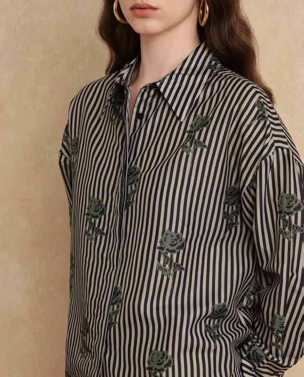 Rareism Women Ronrayzo Dark Green Polyster Blend Fabric Cuffed Sleeve Collared Neck Regular Fit Narrow Stripes Shirt