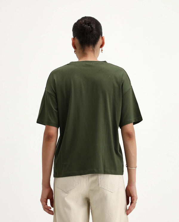 Rareism Women Ronrufo Olive 95% Cotton 5%Lycra Fabric Regular Sleeve Round Neck Boxy Fit Plain T-Shirt