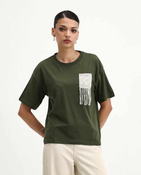 Rareism Women Ronrufo Olive 95% Cotton 5%Lycra Fabric Regular Sleeve Round Neck Boxy Fit Plain T-Shirt