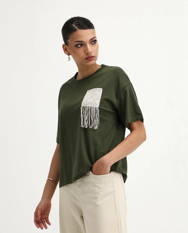 Rareism Women Ronrufo Olive 95% Cotton 5%Lycra Fabric Regular Sleeve Round Neck Boxy Fit Plain T-Shirt