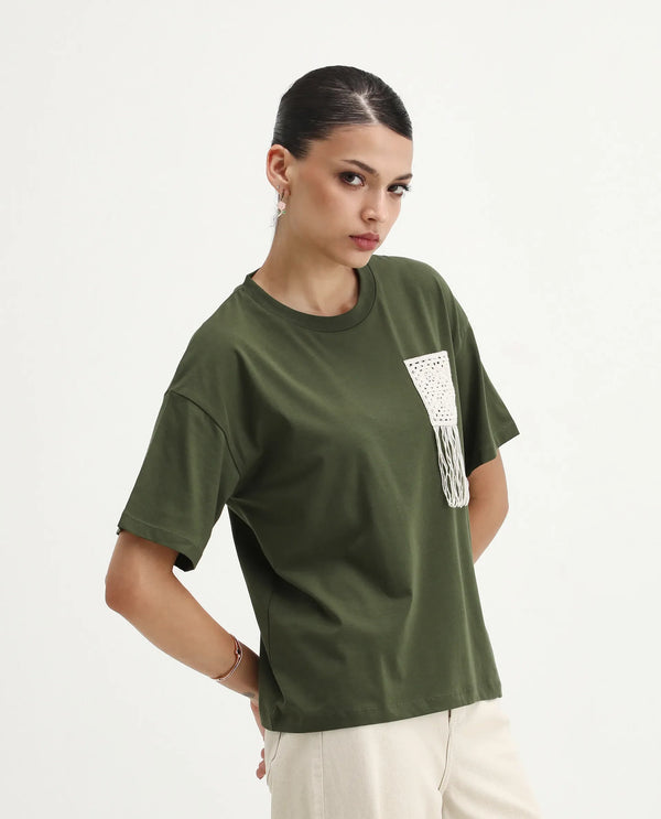 Rareism Women Ronrufo Olive 95% Cotton 5%Lycra Fabric Regular Sleeve Round Neck Boxy Fit Plain T-Shirt