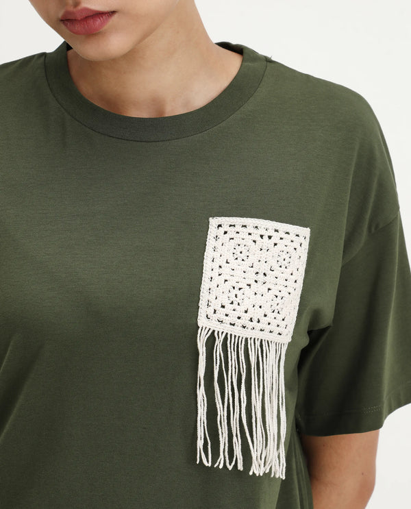 Rareism Women Ronrufo Olive 95% Cotton 5%Lycra Fabric Regular Sleeve Round Neck Boxy Fit Plain T-Shirt
