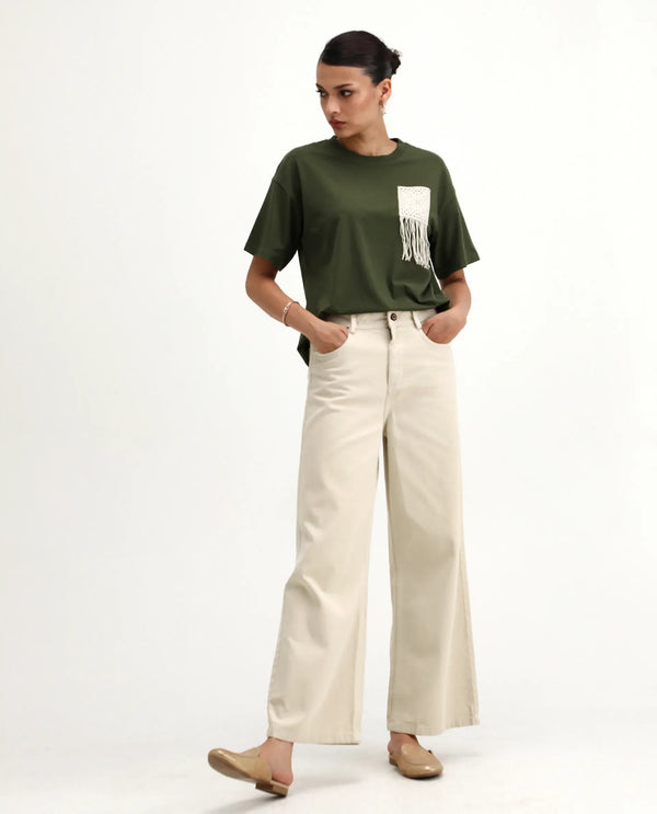 Rareism Women Ronrufo Olive 95% Cotton 5%Lycra Fabric Regular Sleeve Round Neck Boxy Fit Plain T-Shirt