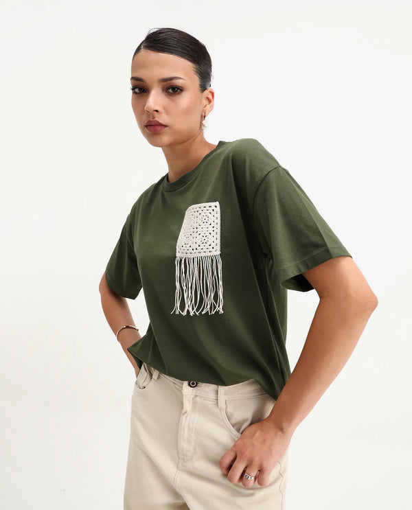 Rareism Women Ronrufo Olive 95% Cotton 5%Lycra Fabric Regular Sleeve Round Neck Boxy Fit Plain T-Shirt