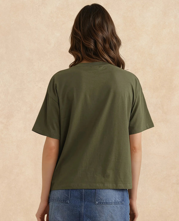 Rareism Women Ronrufo Olive Cotton Blend Fabric Regular Sleeve Round Neck Boxy Fit Plain T-Shirt