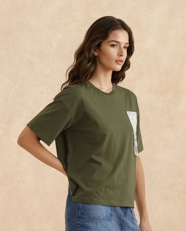 Rareism Women Ronrufo Olive Cotton Blend Fabric Regular Sleeve Round Neck Boxy Fit Plain T-Shirt