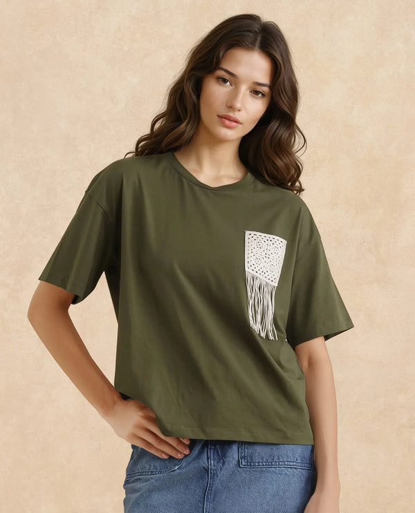 Rareism Women Ronrufo Olive Cotton Blend Fabric Regular Sleeve Round Neck Boxy Fit Plain T-Shirt