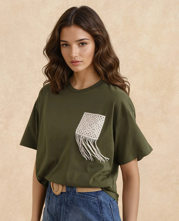 Rareism Women Ronrufo Olive Cotton Blend Fabric Regular Sleeve Round Neck Boxy Fit Plain T-Shirt