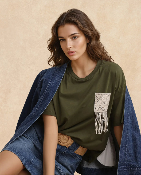 Rareism Women Ronrufo Olive Cotton Blend Fabric Regular Sleeve Round Neck Boxy Fit Plain T-Shirt