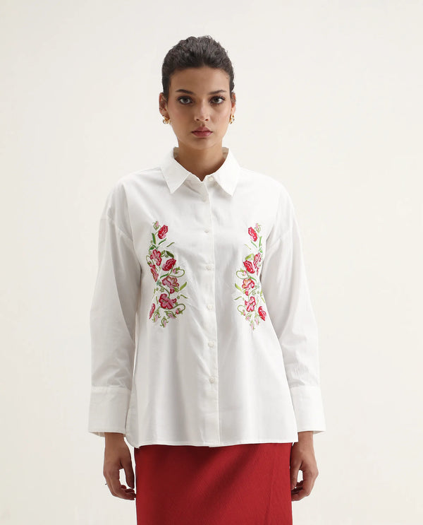 Rareism Women Ronshei White Cotton Fabric Full Sleeve Collared Neck Floral Shirt