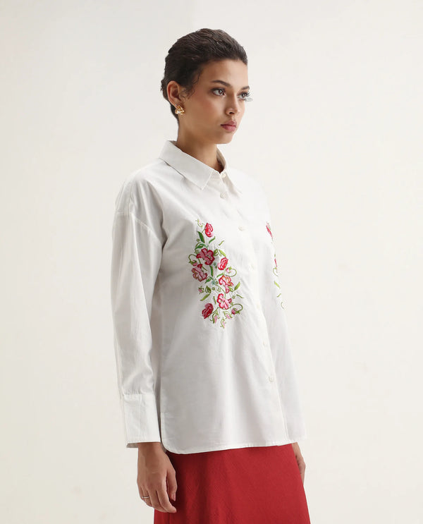 Rareism Women Ronshei White Cotton Fabric Full Sleeve Collared Neck Floral Shirt