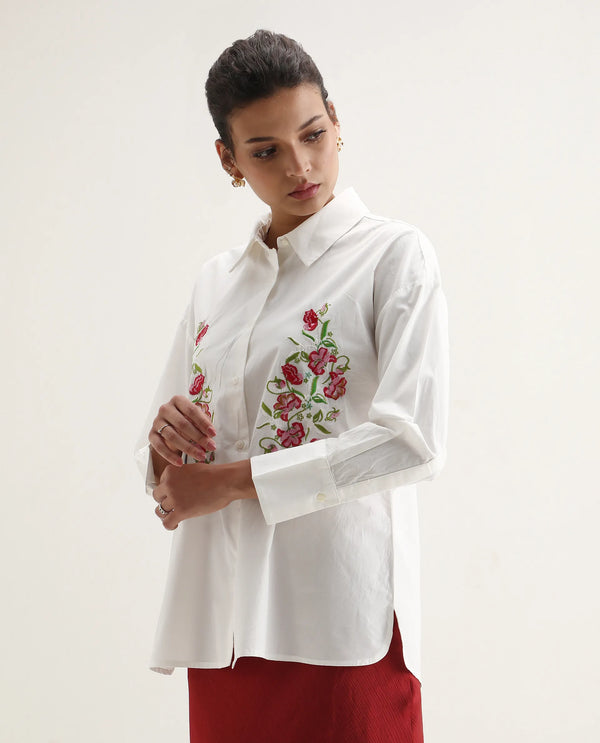 Rareism Women Ronshei White Cotton Fabric Full Sleeve Collared Neck Floral Shirt