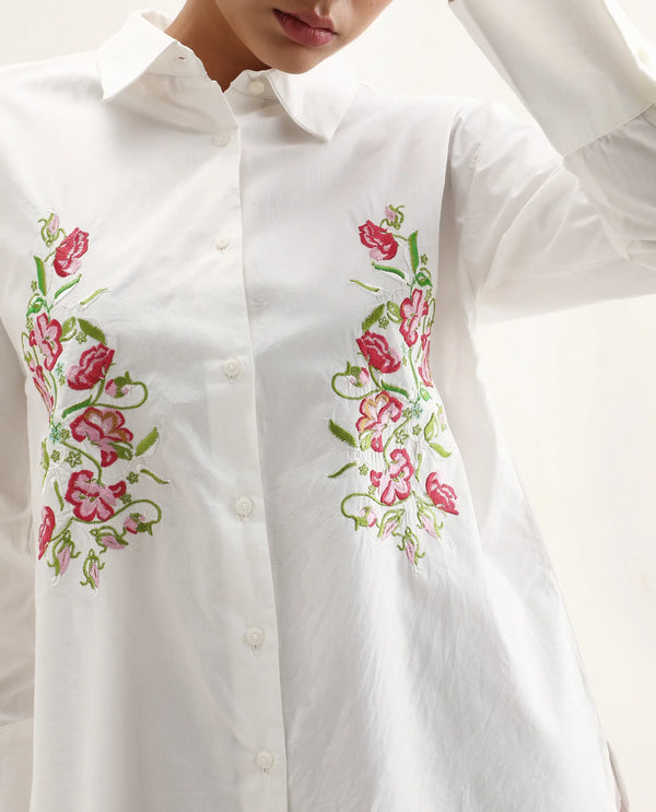 Rareism Women Ronshei White Cotton Fabric Full Sleeve Collared Neck Floral Shirt