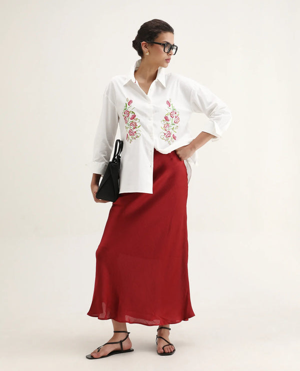 Rareism Women Ronshei White Cotton Fabric Full Sleeve Collared Neck Floral Shirt