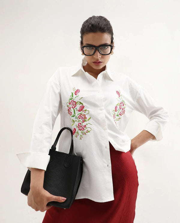 Rareism Women Ronshei White Cotton Fabric Full Sleeve Collared Neck Floral Shirt