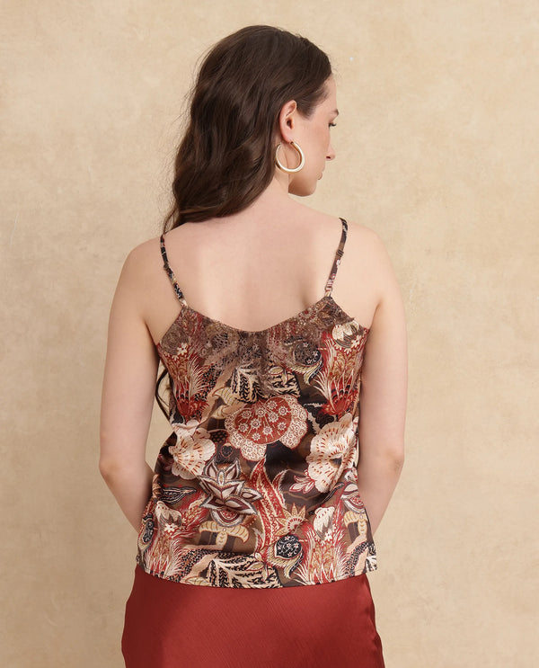 Rareism Women Ronu Brown Polyester Fabric Sleeveless V-Neck Regular Fit Abstract Print Top