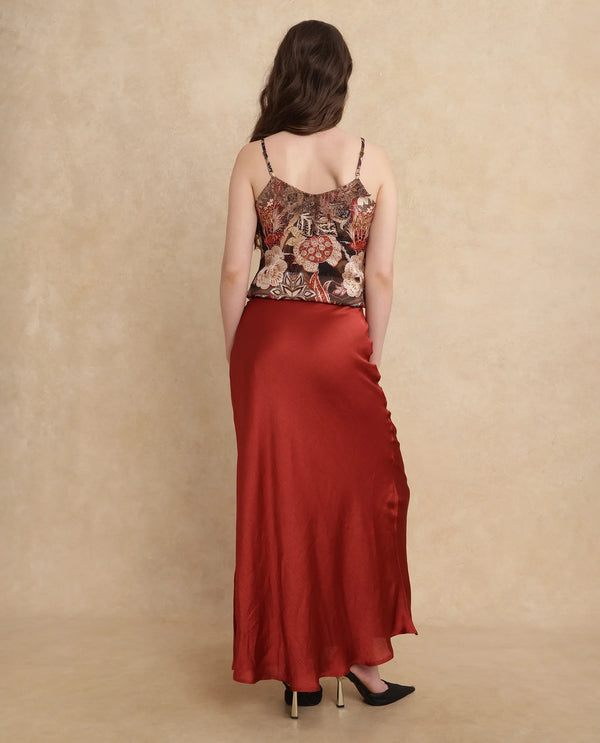 Rareism Women Ronu-B Rust Polyester Fabric Fitted Maxi Plain Skirt