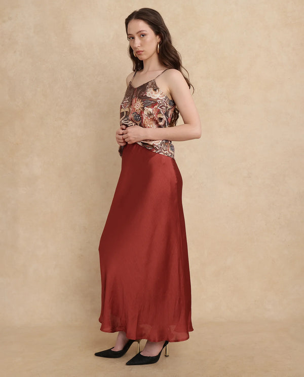 Rareism Women Ronu-B Rust Polyester Fabric Fitted Maxi Plain Skirt