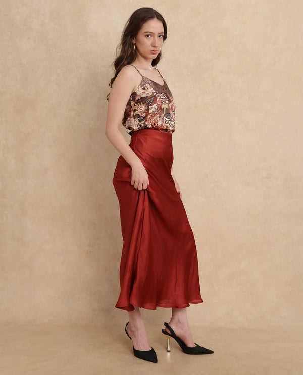 Rareism Women Ronu-B Rust Polyester Fabric Fitted Maxi Plain Skirt