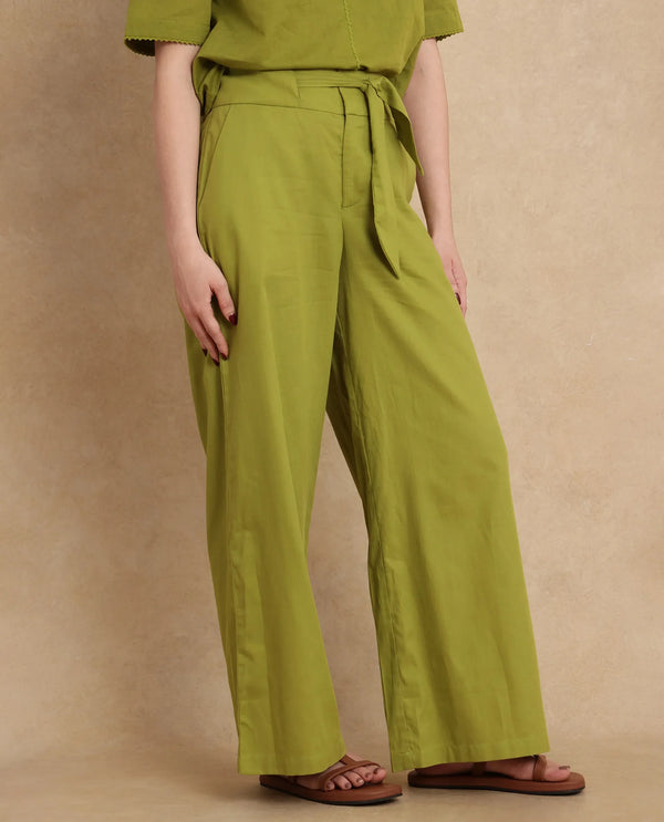 Rareism Women Ronuo Olive 100% Cotton Fabric Straight Fit Ankle Length Plain Trouser