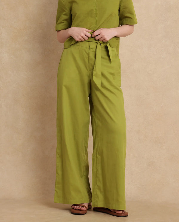 Rareism Women Ronuo Olive 100% Cotton Fabric Straight Fit Ankle Length Plain Trouser