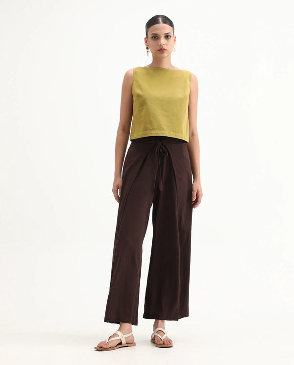 Rareism Women Ronuz Brown 100% Cotton Fabric Straight Fit Plain Trouser