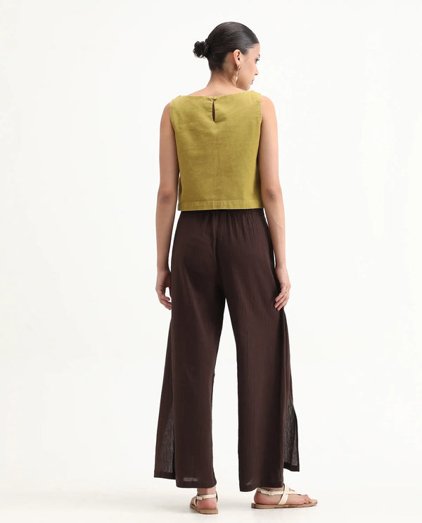 Rareism Women Ronuz Brown 100% Cotton Fabric Straight Fit Plain Trouser