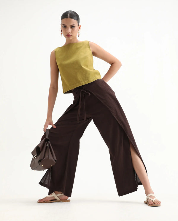 Rareism Women Ronuz Brown 100% Cotton Fabric Straight Fit Plain Trouser