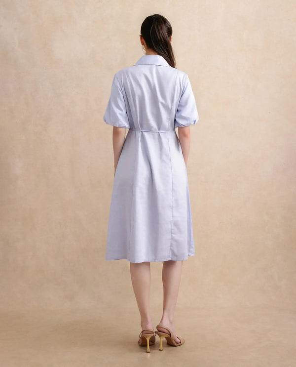 Rareism Women's Ronwer Blue Cotton Blend Fabric Collared Neck Button Closure Balloon Sleeve Plain Fit And Flare Midi Dress