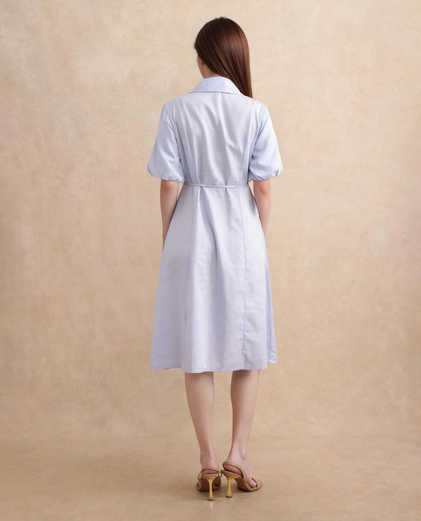 Rareism Women's Ronwer Blue Cotton Blend Fabric Collared Neck Button Closure Balloon Sleeve Plain Fit And Flare Midi Dress