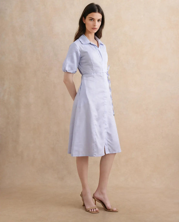 Rareism Women's Ronwer Blue Cotton Blend Fabric Collared Neck Button Closure Balloon Sleeve Plain Fit And Flare Midi Dress