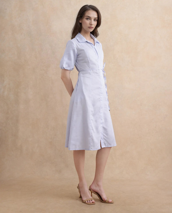 Rareism Women's Ronwer Blue Cotton Blend Fabric Collared Neck Button Closure Balloon Sleeve Plain Fit And Flare Midi Dress
