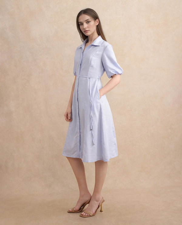 Rareism Women's Ronwer Blue Cotton Blend Fabric Collared Neck Button Closure Balloon Sleeve Plain Fit And Flare Midi Dress