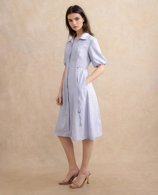 Rareism Women's Ronwer Blue Cotton Blend Fabric Collared Neck Button Closure Balloon Sleeve Plain Fit And Flare Midi Dress