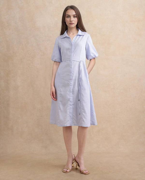 Rareism Women's Ronwer Blue Cotton Blend Fabric Collared Neck Button Closure Balloon Sleeve Plain Fit And Flare Midi Dress