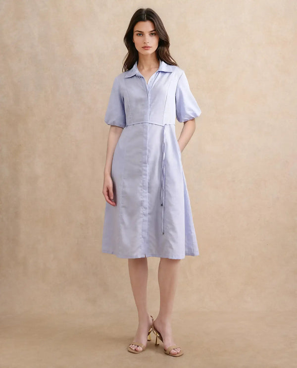 Rareism Women's Ronwer Blue Cotton Blend Fabric Collared Neck Button Closure Balloon Sleeve Plain Fit And Flare Midi Dress