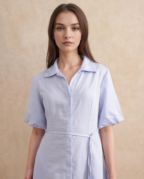 Rareism Women's Ronwer Blue Cotton Blend Fabric Collared Neck Button Closure Balloon Sleeve Plain Fit And Flare Midi Dress