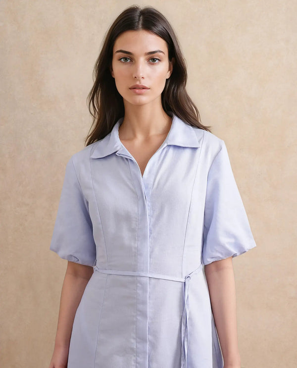 Rareism Women's Ronwer Blue Cotton Blend Fabric Collared Neck Button Closure Balloon Sleeve Plain Fit And Flare Midi Dress